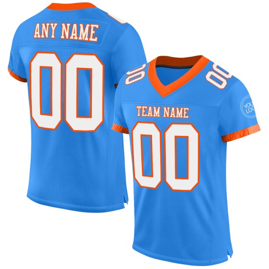Maillot de football authentique personnalisé en maille bleu poudre, blanc et orange Maillot de football authentique personnalisé en maille bleu poudre, blanc et orange