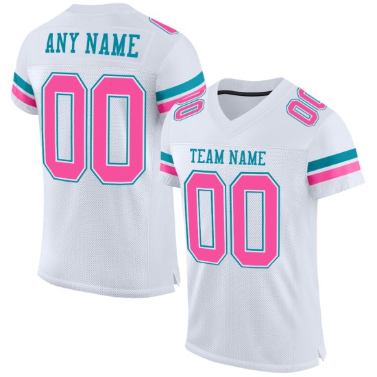 Maillot de football authentique personnalisé en maille blanc rose-bleu sarcelle Maillot de football authentique personnalisé en maille blanc rose-bleu sarcelle