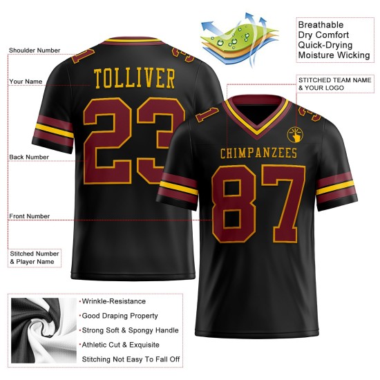 Maillot de football authentique personnalisé en maille noire bordeaux et dorée Maillot de football authentique personnalisé en maille noire bordeaux et dorée