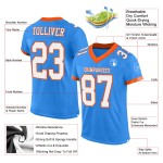 Maillot de football authentique personnalisé en maille bleu poudre, blanc et orange Maillot de football authentique personnalisé en maille bleu poudre, blanc et orange