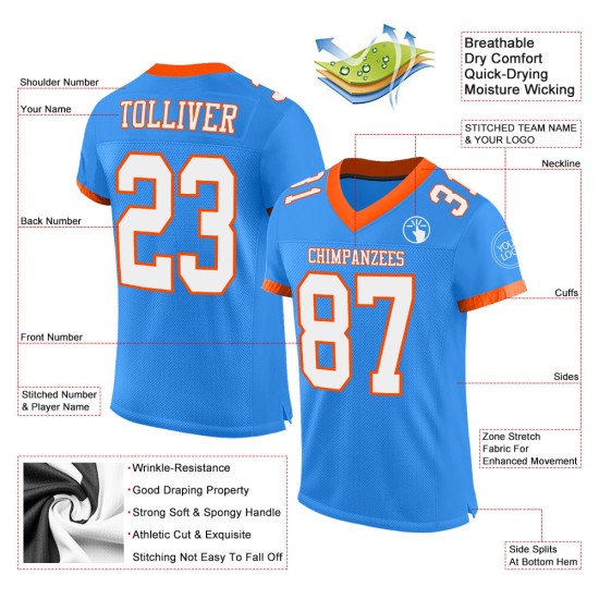 Maillot de football authentique personnalisé en maille bleu poudre, blanc et orange Maillot de football authentique personnalisé en maille bleu poudre, blanc et orange