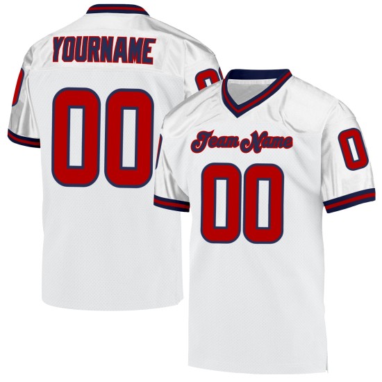 Maillot de football rétro authentique en maille blanc rouge et bleu marine personnalisé Maillot de football rétro authentique en maille blanc rouge et bleu marine personnalisé