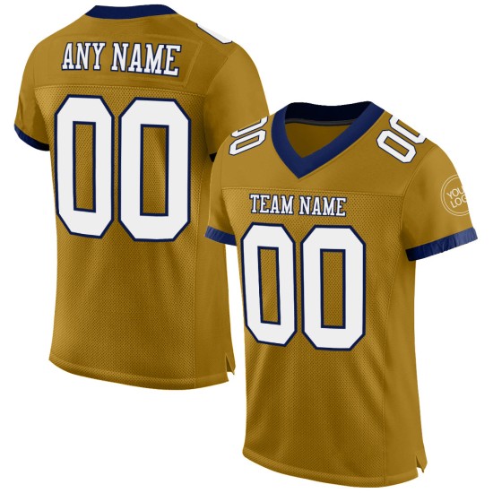 Maillot de football authentique personnalisé en maille blanc-bleu marine, couleur or vieilli Maillot de football authentique personnalisé en maille blanc-bleu marine, couleur or vieilli