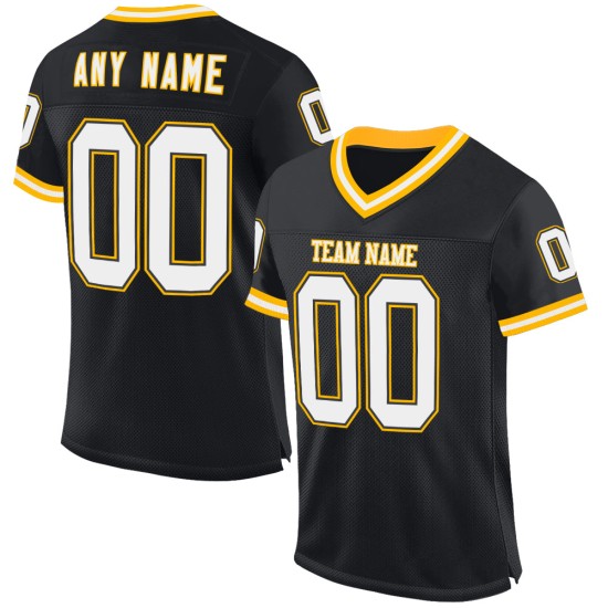 Maillot de football rétro authentique en maille noire, blanche et dorée, personnalisé Maillot de football rétro authentique en maille noire, blanche et dorée, personnalisé