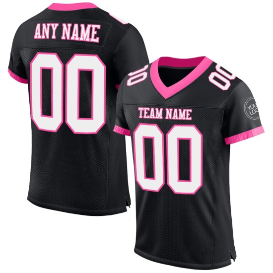Maillot de football authentique personnalisé en maille noir, blanc et rose Maillot de football authentique personnalisé en maille noir, blanc et rose