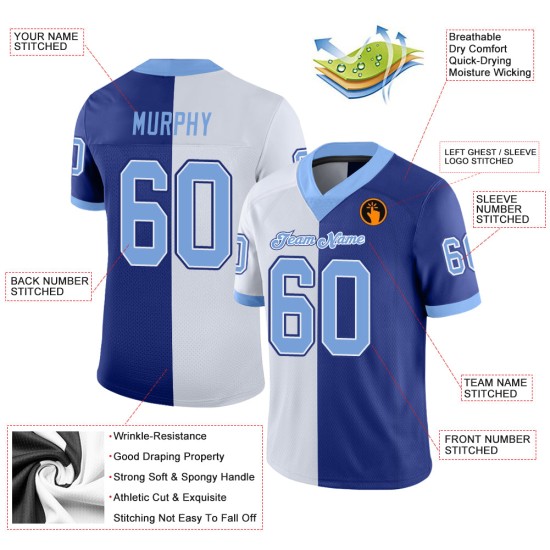 Maillot de football personnalisé bleu clair et blanc en maille fendue Maillot de football personnalisé bleu clair et blanc en maille fendue