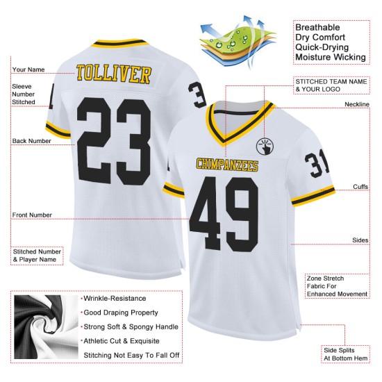 Maillot de football rétro authentique en maille blanche, noire et dorée Maillot de football rétro authentique en maille blanche, noire et dorée