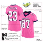 Maillot de football authentique personnalisé en maille rose, blanc et bleu marine Maillot de football authentique personnalisé en maille rose, blanc et bleu marine
