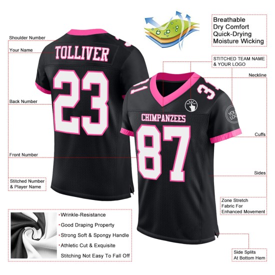 Maillot de football authentique personnalisé en maille noir, blanc et rose Maillot de football authentique personnalisé en maille noir, blanc et rose
