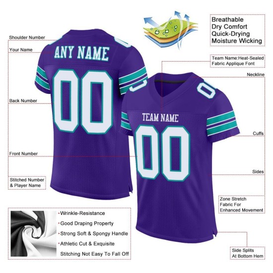 Maillot de football authentique personnalisé violet, blanc et turquoise Maillot de football authentique personnalisé violet, blanc et turquoise