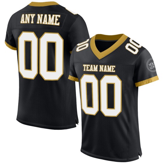 Maillot de football authentique personnalisé en maille noir, blanc et vieil or Maillot de football authentique personnalisé en maille noir, blanc et vieil or