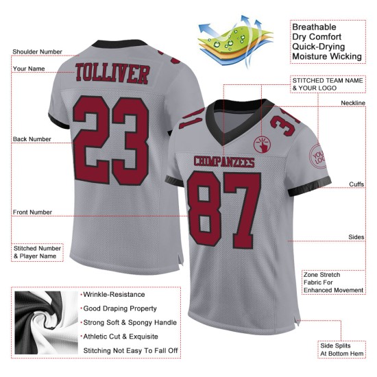 Maillot de football authentique personnalisé gris cramoisi-noir en maille Maillot de football authentique personnalisé gris cramoisi-noir en maille