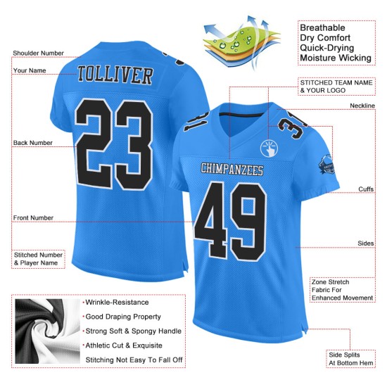 Maillot de football authentique personnalisé en maille bleu poudre noir et blanc Maillot de football authentique personnalisé en maille bleu poudre noir et blanc