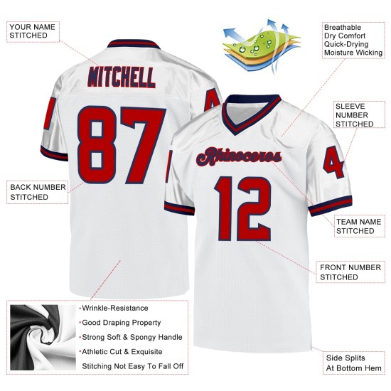 Maillot de football rétro authentique en maille blanc rouge et bleu marine personnalisé Maillot de football rétro authentique en maille blanc rouge et bleu marine personnalisé