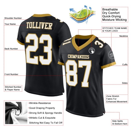 Maillot de football authentique personnalisé en maille noir, blanc et vieil or Maillot de football authentique personnalisé en maille noir, blanc et vieil or
