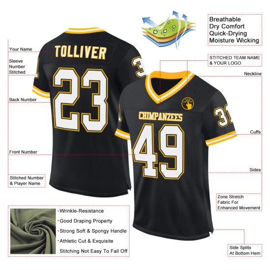 Maillot de football rétro authentique en maille noire, blanche et dorée, personnalisé Maillot de football rétro authentique en maille noire, blanche et dorée, personnalisé