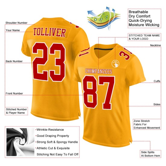 Maillot de football authentique personnalisé en maille rouge et blanche dorée Maillot de football authentique personnalisé en maille rouge et blanche dorée