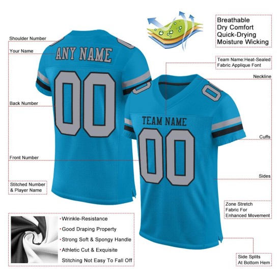 Maillot de football authentique personnalisé Panther bleu gris clair et noir en maille Maillot de football authentique personnalisé Panther bleu gris clair et noir en maille