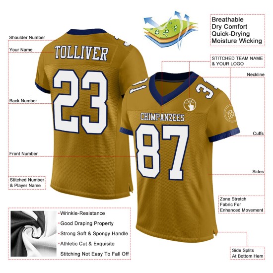 Maillot de football authentique personnalisé en maille blanc-bleu marine, couleur or vieilli Maillot de football authentique personnalisé en maille blanc-bleu marine, couleur or vieilli