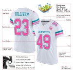 Maillot de football authentique personnalisé en maille blanc rose-bleu sarcelle Maillot de football authentique personnalisé en maille blanc rose-bleu sarcelle