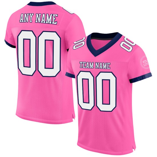 Maillot de football authentique personnalisé en maille rose, blanc et bleu marine Maillot de football authentique personnalisé en maille rose, blanc et bleu marine