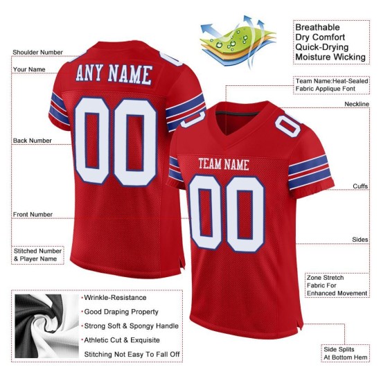 Maillot de football authentique personnalisé en maille rouge, blanc et royal Maillot de football authentique personnalisé en maille rouge, blanc et royal